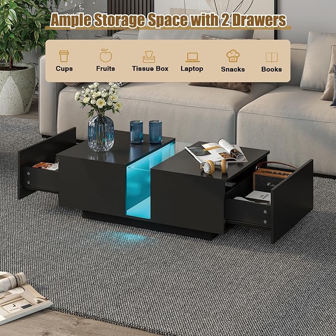 Black Led Coffee Table for Living Room, Rectangular Living Room Table with Storage, Acrylic Coffee Tables with 2 Sliding Drawers, Wood Center Table for Reception Dinning Room