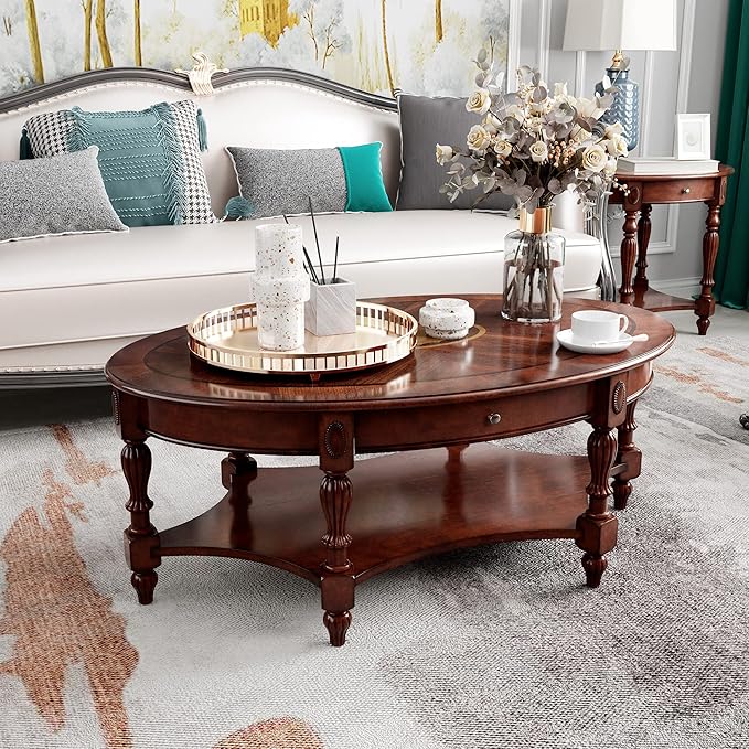 Solid Wood Oval Coffee Table with Drawer and Storage Shelf, Traditional Vintage Center Table Polished Edging Cocktail Tea Table for Living Room Bedroom Home, Cherry Walnut