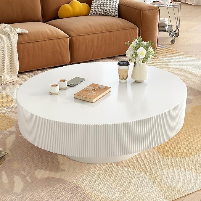 31.5 Inch Round Drum Coffee Table, Modern Handcraft Fluted Drum Coffee Table, Wooden Round Coffee Table Center Table Cocktail Table with Stable Pedestal for Living Room Apartment (White)