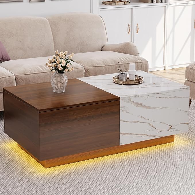 Lift Top Coffee Tables for Living Room, 43" LED Wooden Center Tables with Storage Shelf, Hidden Compartment and Drawer for Home (Walnut Grain and Marble White)