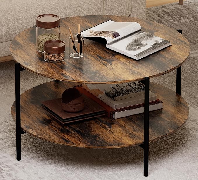 Round Coffee Table, 2-Tier 32.9" Circle Coffee Tables with Storage Wood Rustic Farmhouse Center Circular Coffee Table for Living Room Bedroom Balcony Office - Walnut