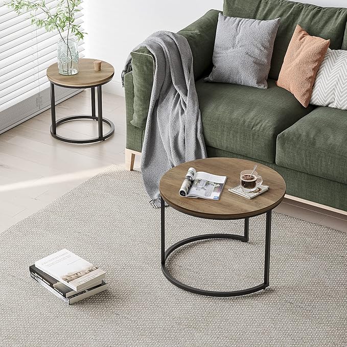 Smuxee Nesting Coffee Table Set of 2, 23.6" Round Coffee Table Wood Grain Top with Adjustable Non-Slip Feet, Industrial End Table Side Tables for Living Room Bedroom Balcony Yard