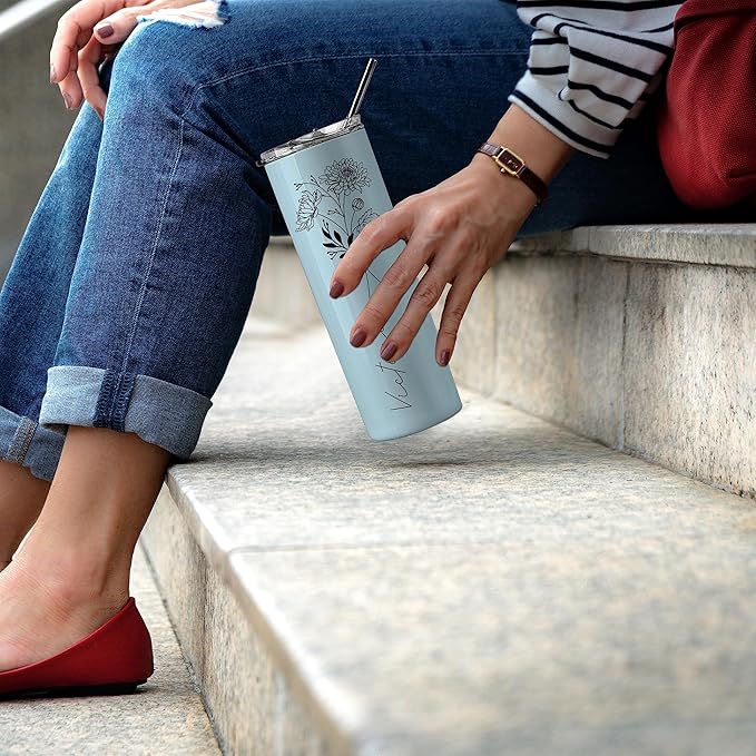 Birthday Gifts for Women, Personalized Tumblers with Birth Flower and Name, 10 Colors - 20 Oz, Skinny Tumblers for Women
