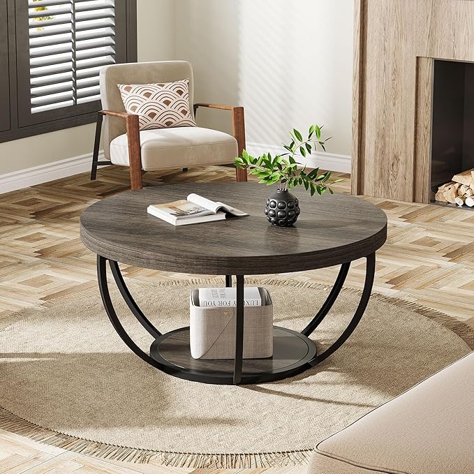 Tribesigns Round Coffee Table, 31.7" Wooden 2-Tier Circle Coffee Table with Storage Shelves, Modern Accent Cocktail Table Center Table for Living Room, Grey