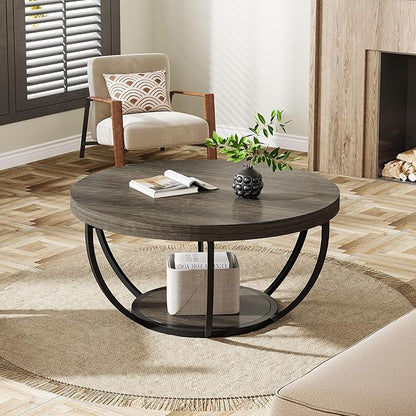 Tribesigns Round Coffee Table, 31.7" Wooden 2-Tier Circle Coffee Table with Storage Shelves, Modern Accent Cocktail Table Center Table for Living Room, Grey