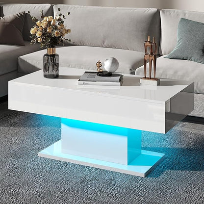 Led Coffee Table for Living Room, Living Room Table Rectangular Center Table, Modern High Glossy Wooden Coffee Tables with 16 Colors LED Lights for Dining Reception Room, White