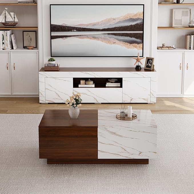 Lift Top Coffee Tables for Living Room, 43" LED Wooden Center Tables with Storage Shelf, Hidden Compartment and Drawer for Home (Walnut Grain and Marble White)