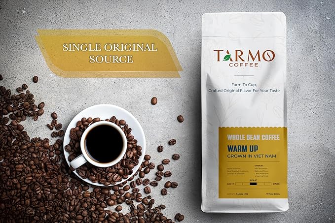 TARMO - WARM UP | Low Acid 100% ROBUSTA Whole Bean Coffee | Specialty Vietnamese Coffee | Single Origin Medium Roast Coffee Beans | 35.5 Oz Bag