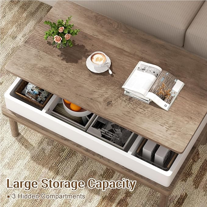 Shintenchi Coffee Table, Lift Top Coffee Table with Hidden Compartment, Rising Tabletop Dining Table, Lift Top Coffee Center Table for for Living Room, Office, Home (Ivory)