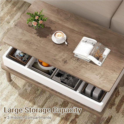 Shintenchi Coffee Table, Lift Top Coffee Table with Hidden Compartment, Rising Tabletop Dining Table, Lift Top Coffee Center Table for for Living Room, Office, Home (Ivory)