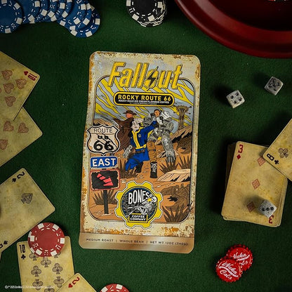 Bones Coffee Company Fallout Rocky Route 66, Rocky Road Flavored Coffee, Medium Roast Low Acid Arabica Beans Compatible with Auto drip and French Press Coffee Maker, 12 Oz Whole Bean