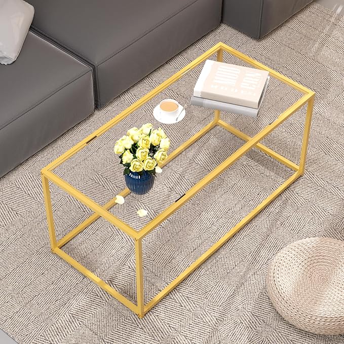 Tempered Glass Coffee Table - Minimalist Center Table for Living Room, Office - Modern Top With Sturdy Metal Frame & Open Storage - Easy Assembly, Gold