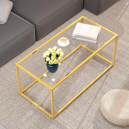 Tempered Glass Coffee Table - Minimalist Center Table for Living Room, Office - Modern Top With Sturdy Metal Frame & Open Storage - Easy Assembly, Gold