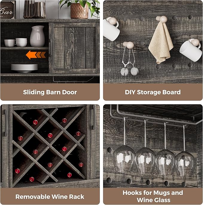 72" Coffee Bar Cabinet with Power Outlet & LED Light, Farmhouse Large Kitchen Hutch with Sliding Barn Door, Tall Bar Cabinets with Storage Drawers & Wine Glass Rack,Pantry China Cabinet,Black Oak