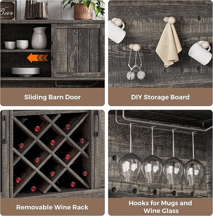 72" Coffee Bar Cabinet with Power Outlet & LED Light, Farmhouse Large Kitchen Hutch with Sliding Barn Door, Tall Bar Cabinets with Storage Drawers & Wine Glass Rack,Pantry China Cabinet,Black Oak