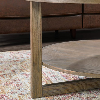 PADMA HOUSE 33.5" Round Wood Coffee Table, 2-Tier Solid Wood Rounded Circle Accent Coffee Table Center Cocktail Table Vintage Furniture for Home Living Room Bedroom,Yellowish Brown 3338