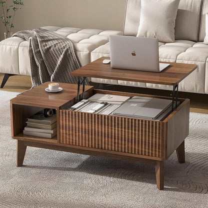 LYNCOHOME Fluted Lift Top Coffee Table with Hidden Compartment, Modern Center Table for Living Room, Home Office（Walnut）