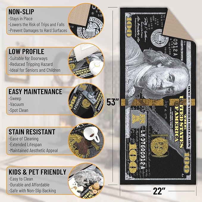 Ottomanson 22" x 53" $100 Bill Money Rug - Durable & Non-Slip Area Rug - Fun & Eye-Catching Decor for Bedroom, Office, Game Room & Man Cave - Unique Gift for & Trendy Home Decor, Black/Gold