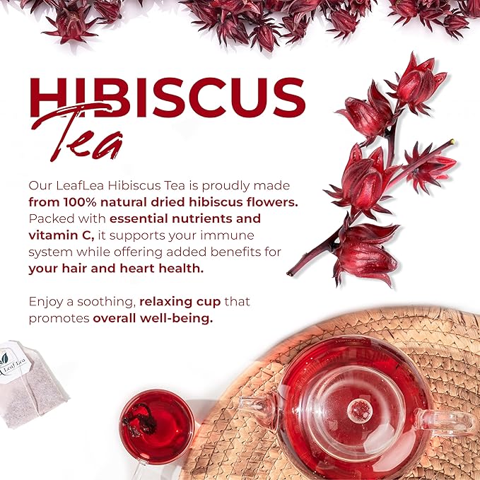 LeafLea 80 Hibiscus Tea Bags, 100% Natural Hibiscus Flowers, Caffeine-Free Herbal Tea, Red Hibiscus Flower Tea Bags, Te de Hibisco Natural, Sugar-Free, Non-GMO, Gluten-Free, Vegan (Pack of 2)