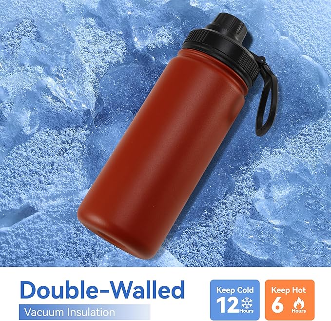 DOMICARE 16 oz Kids Water Bottle for School Stainless Steel Double Wall Vacuum Insulated Water Bottle with Straw lids & Spout Lid, Leakproof BPA Free (Red,4)