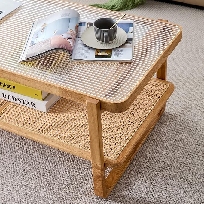 Rattan Coffee Table with Tempered Glass Top,Wood Coffee Table for Living Room,Glass Top with Imitation Rattan Storage Shelf, Rectangle Coffee Table for Living Room