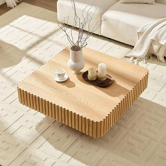 KEVINSPACE Square Wood Coffee Table, Fluted CoffeeTable Handcraft Drum TeaTable CenterTable for Living Room, Modern Wooden CocktailTable for Small Space, Easy Assembly 35.43" 15.75" H ASH