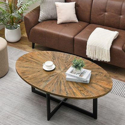 Solid Wood Oval Coffee Table with Cross Metal Legs, 47.9" Industrail Bar Cocktail Table for Living Room Kitchen Office Sofa Table Bristro Table for Cafe/Bar Rustic Brown 1831