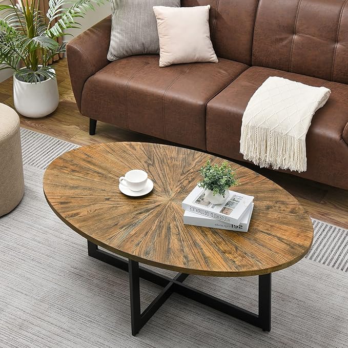 Solid Wood Oval Coffee Table with Cross Metal Legs, 47.9" Industrail Bar Cocktail Table for Living Room Kitchen Office Sofa Table Bristro Table for Cafe/Bar Rustic Brown 1831
