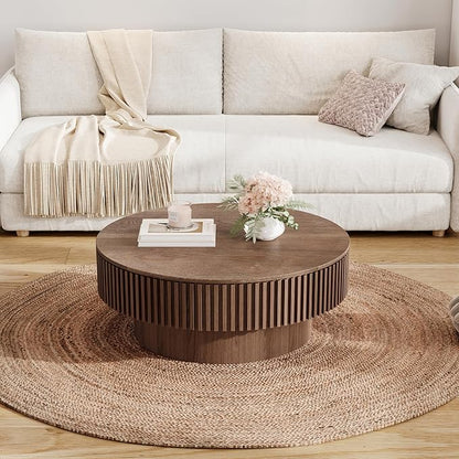 31.5 Inch Round Drum Coffee Table with Storage, Modern Handcraft Fluted Drum Coffee Table, Wooden Round Coffee Table Center Table with Sturdy Pedestal for Living Room Apartment (Walnut)