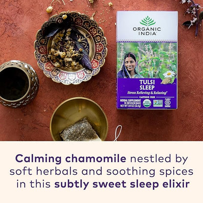 ORGANIC INDIA Tulsi Sleep Herbal Tea - Holy Basil, Ashwagandha, Chamomile, Night Time Tea for Bedtime, Stress Relieving & Relaxing, Immune Support, USDA Certified Organic - 18 Infusion Bags, 3 Pack