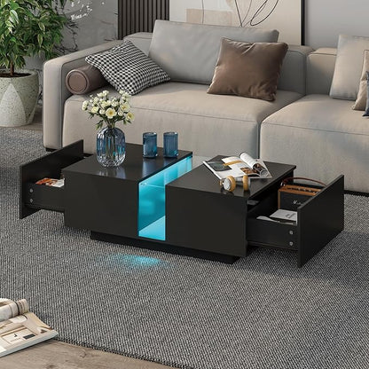 Black Led Coffee Table for Living Room, Rectangular Living Room Table with Storage, Acrylic Coffee Tables with 2 Sliding Drawers, Wood Center Table for Reception Dinning Room