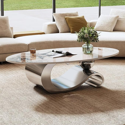 Marble Grain Coffee Table with Gold Stainless Steel Pedestal,Modern Coffee Tables,Oval Living Room Table with Faux Marble Top & Luxury Legs,Sintered Stone Cocktail Center Table,49.2 inch