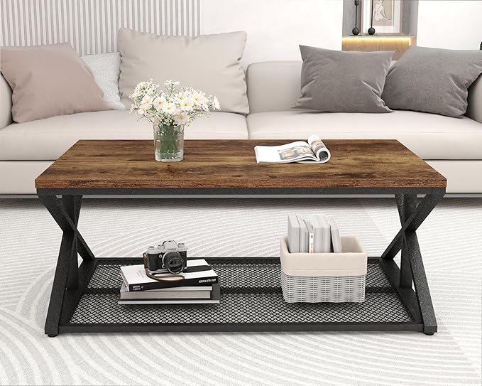 IBF Rustic Brown Coffee Table with Storage, Farmhouse Wood Metal Rectangle Living Room Table, Industrial Middle Center Table with Mesh Shelf, Rustic Brown,47 in