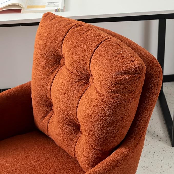 Flannel Office Chair, Comfy Home Office Desk Chairs with Lumbar Support, Modern Velvet Desk Chair Gold Legs Small Swivel Task Chair for Home Office, Bedroom, Study (Orange, L)
