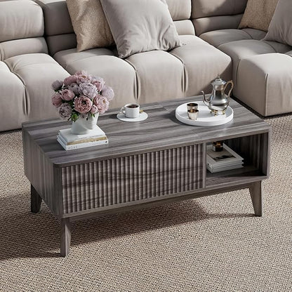 LYNCOHOME Fluted Lift Top Coffee Table with Storage,Modern Center Table for Living Room, Home Office（Grey）