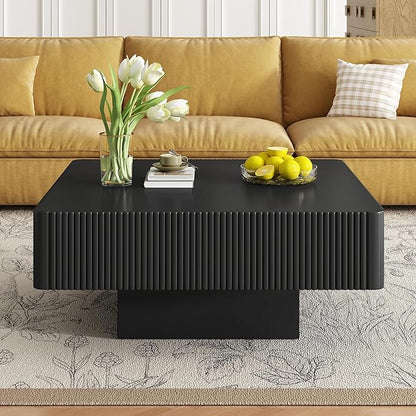 Square Coffee Table for Living Room, Accent Fluted Coffee Table with Storage, Modern Solid Wood Veneered Large Center Tea Table for Small Space Apartment (31.6''D×14''H-Black)