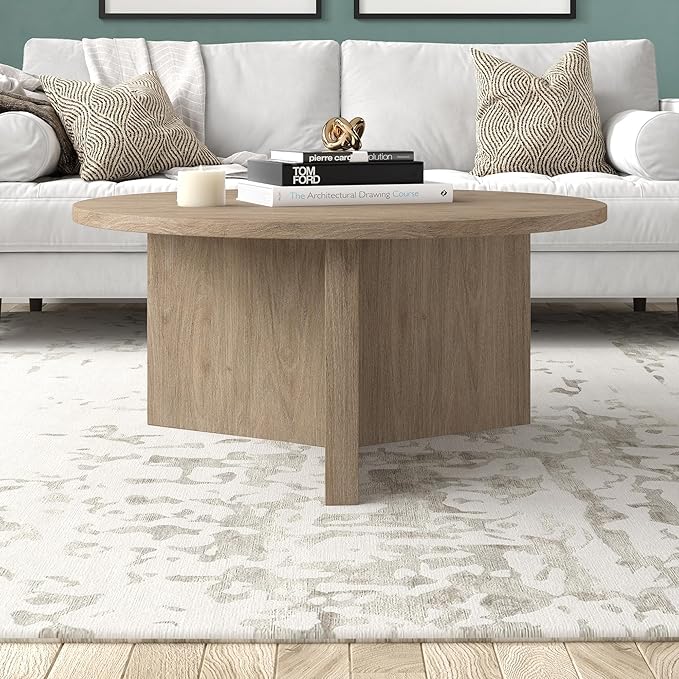 Henn&Hart 36" Round Wood Pedestal Coffee Table for Living Room, Family Room, Office, or Apartment, Antiqued Gray Oak