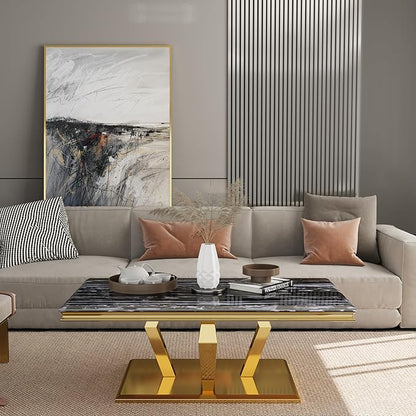 2 Piece Coffee Table Set, Black and Gold Living Room Table Set with 48 inch Coffee Table and 1 Square End Table, Luxury Living Room Coffee Table Set for Home Apartment Office