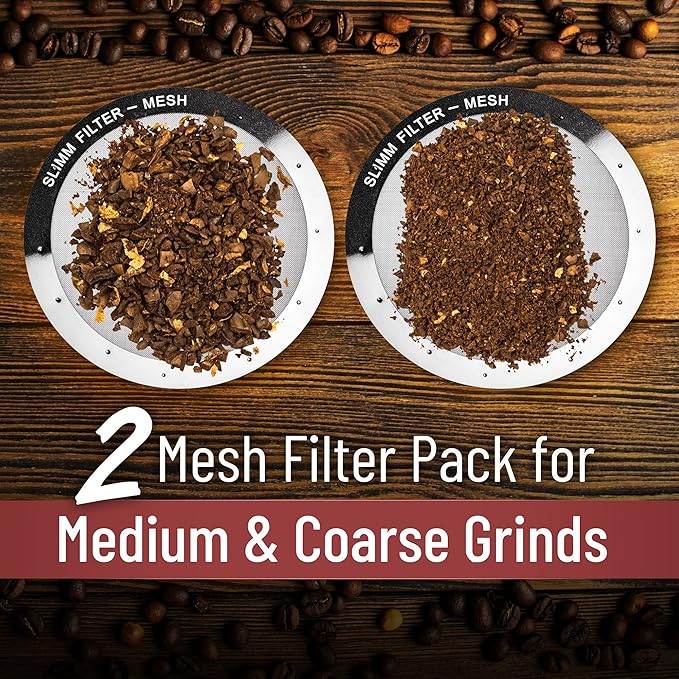 Reusable Filter Set by Slimm Filter - 2 Piece, Stainless Steel Metal - 2x Mesh Metal Filters For AeroPress Coffee & Espresso Maker, with Complimentary Recipe Book - Brew Barista-Grade Coffee At Home