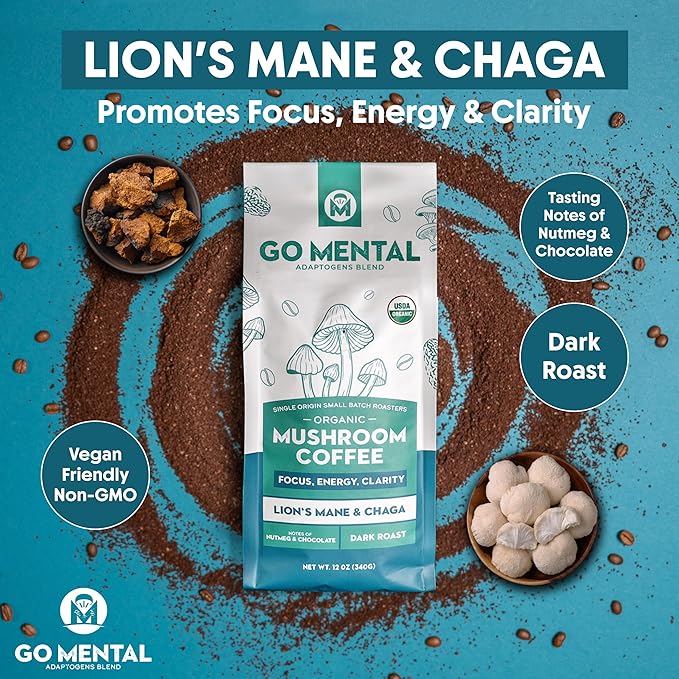 Organic Lion's Mane & Chaga Mushroom Coffee Ground Dark Roast, Full Fruiting Bodies, For Enhanced Brain Function, Immune Support, Wellbeing Grade 1 Single Origin, 12oz - Ground