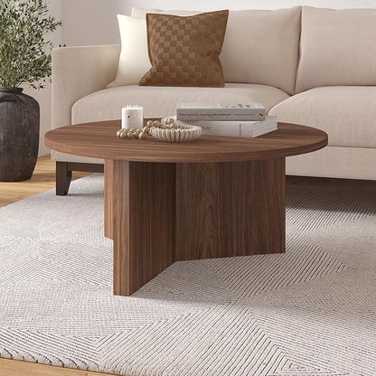 Henn&Hart 36" Round Wood Pedestal Coffee Table for Living Room, Family Room, Office, or Apartment, Satin Walnut