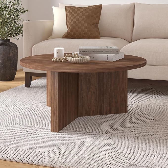 Henn&Hart 36" Round Wood Pedestal Coffee Table for Living Room, Family Room, Office, or Apartment, Satin Walnut