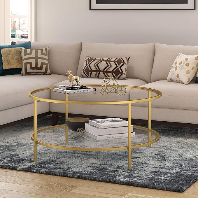 Henn&Hart 36" Round Coffee Table with Glass Top and Glass Open Storage Shelf for Living Room, Family Room, Office, or Apartment, Brass