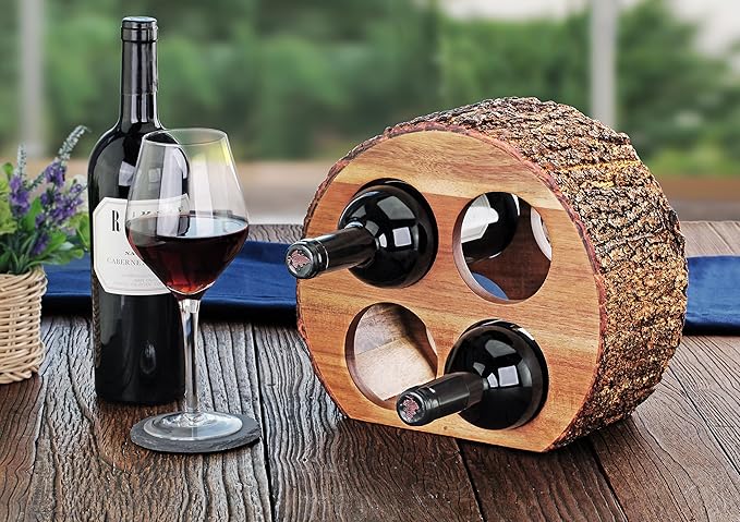 Artaste 48537 Acacia Wood Countertop Wine Rack with Natural Bark, 4-Bottles