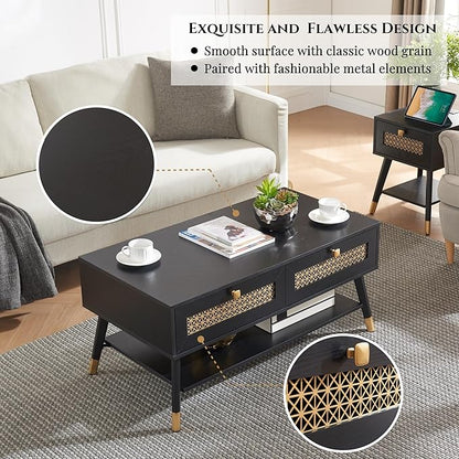 Mid Century Modern Black Coffee Table with Storage Drawers & Open Shelf, Solid Wooden Boho Rectangle Table with Metal Legs Designed for Living Room, Office, Lounge. Black Color with Golden Decor