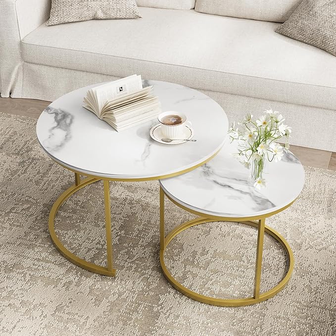 Smuxee White Nesting Coffee Table Set of 2, 27.6" Round Coffee Table Wooden Marble Pattern with Adjustable Non-Slip Feet, Industrial End Table for Living Room Bedroom Balcony