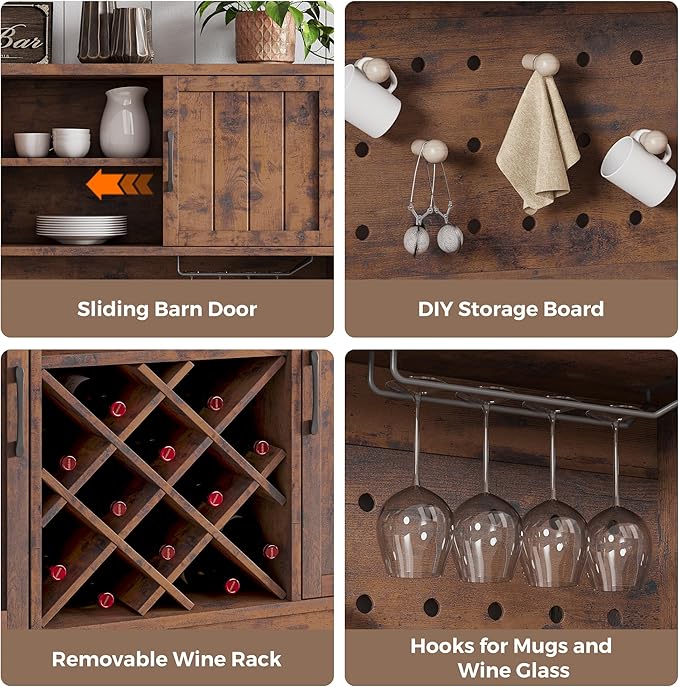 72" Coffee Bar Cabinet with Power Outlet & LED Light, Farmhouse Large Kitchen Hutch with Sliding Barn Door, Tall Bar Cabinets with Storage Drawers & Wine Glass Rack,Pantry China Cabinet,Vintage Brown