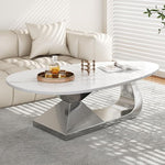 Load image into Gallery viewer, Modern Coffee Table with Silver Stainless Steel Pedestal,Oval Living Room Table with Faux Marble Top,Sintered Stone Cocktail Center Table Marble Grain,51.20inch