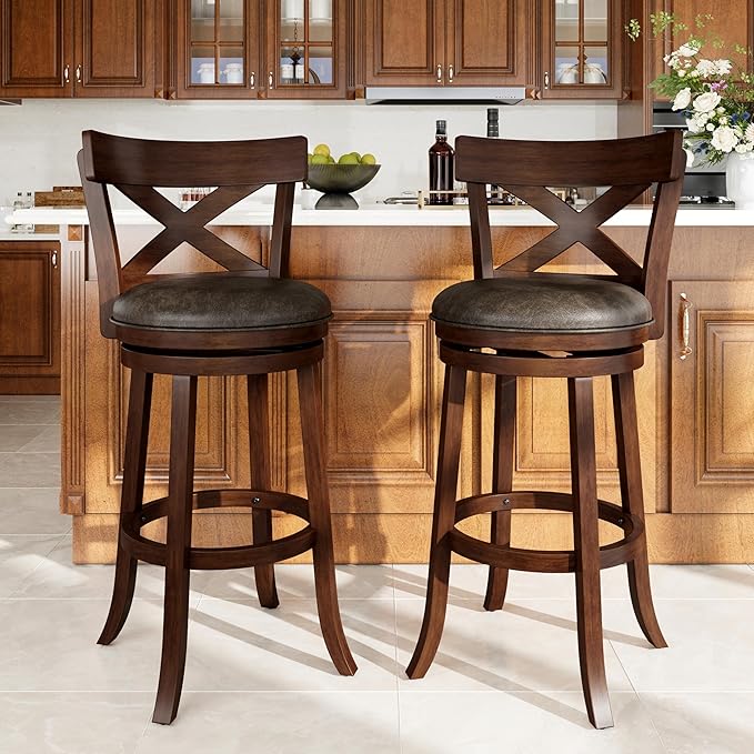 PHI VILLA 30 inch Bar Height Stools Set of 2,Swivel Wooden Barstools Tall Upholstered Faux Leather Barstool with Back,Vintage Bar Height Chairs,Dark Brown Kitchen Stools