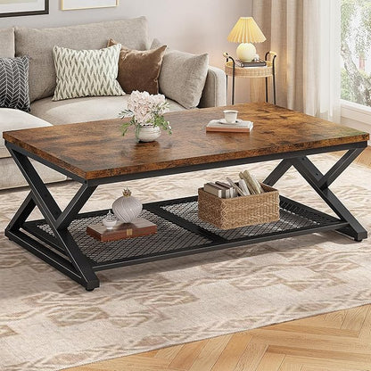 EnHomee Coffee Table with Storage, Modern Coffee Tables for Living Room with Mesh Shelf, 2 Tier Rectangular Center Table for Living Room, Bedroom, 47.2 Inch, Rustic Brown